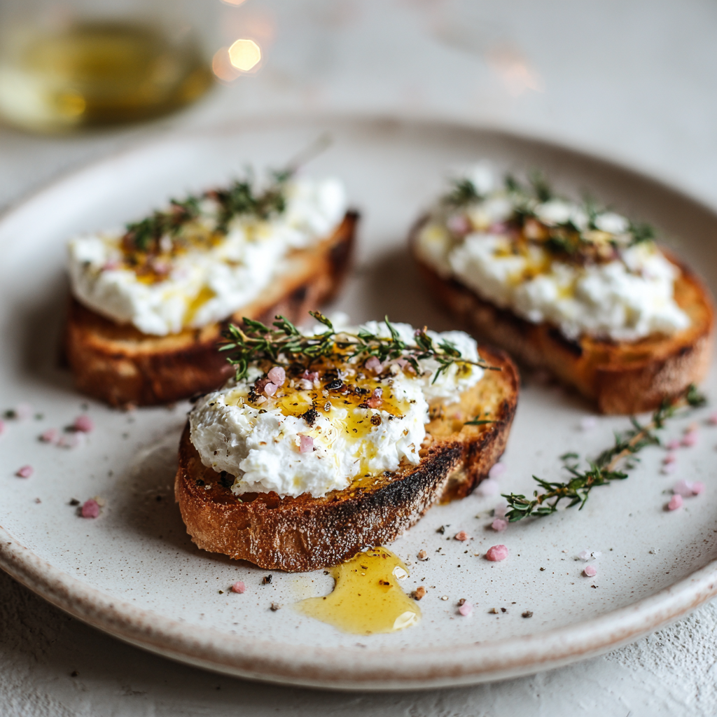 Bruschetta mit Ziegenkäse, Rosensalz & schwarzem Pfeffer