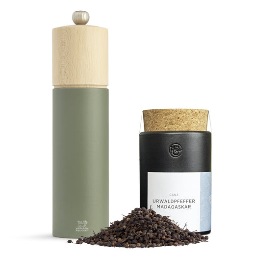 Frisch gemahlen – Tellicherry Pfeffer & Pfeffermühle Olivgrün